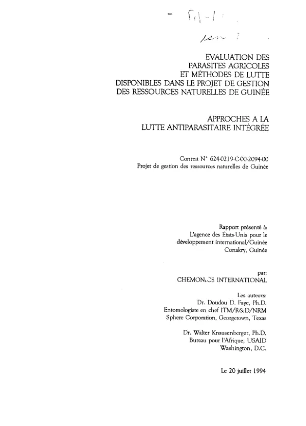 Evaluation des parasites agricoles et methodes de lutte disponibles dans le projet de gestion des ressources naturelles de Guinee : approches a la lutte antiparasitaire integree