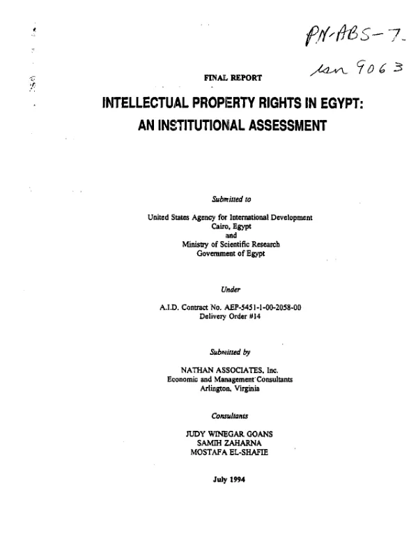 Final report -- intellectual property rights in Egypt : an institutional assessment