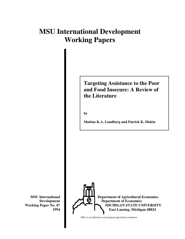Targeting assistance to the poor and food insecure : a review of literature