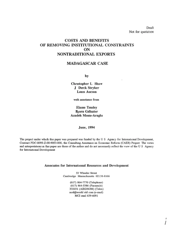 Costs and benefits of removing institutional constraints on nontraditional exports : Madagascar case