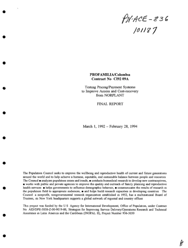 Testing pricing/payment systems to improve access [to] and cost-recovery from NORPLANT : final report [Colombia] -- March 1, 1992-February 28, 1994