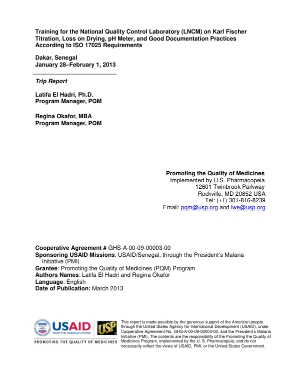 Training for the National Quality Control Laboratory (LNCM) on Karl Fischer Titration, Loss on Drying, pH Meter, and Good Documentation Practices According to ISO 17025 Requirements