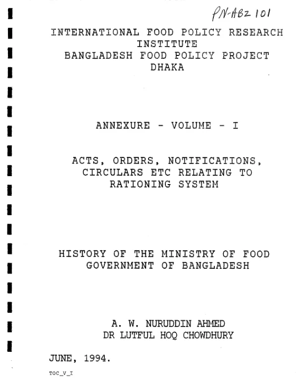 History of the Ministry of Food, Government of Bangladesh : annexure, volume I -- acts, order, notifications, circulars etc. relating to rationing system