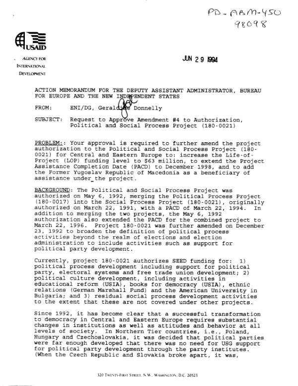 Request to approve amendment no. 4 to authorization : political and social process project (180-0021)