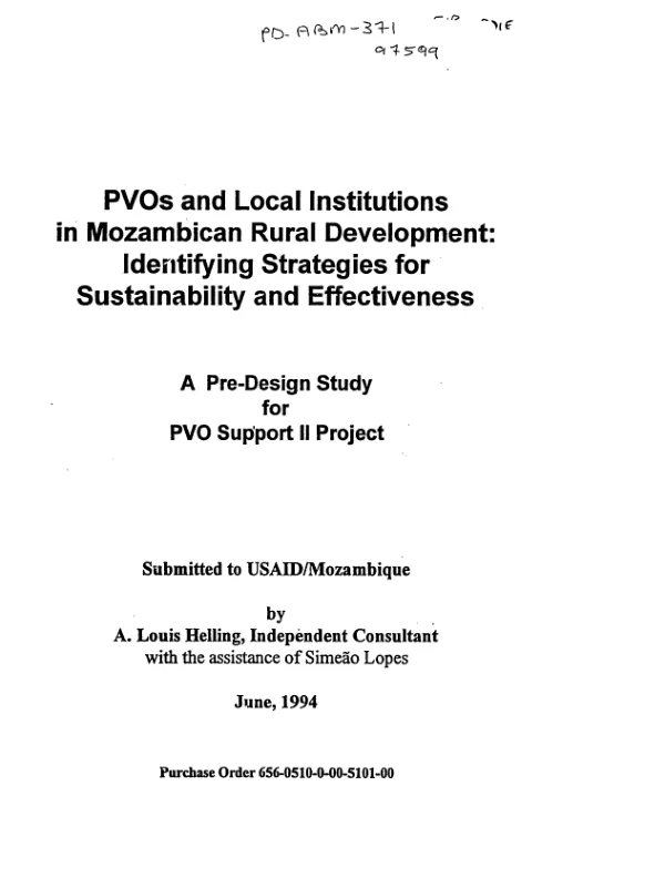 PVOs and local institutions in Mozambican rural development : identifying strategies for sustainability and effectiveness -- a pre-design study for PVO support II project