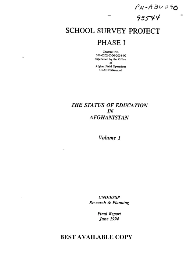 School survey project, phase I : the status of education in Afghanistan