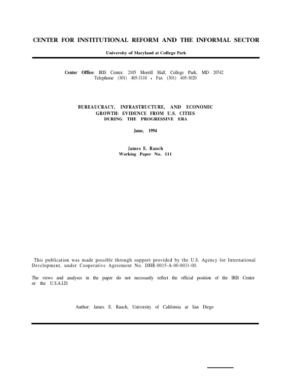 Bureaucracy, infrastructure, and economic growth : evidence from U. S. cities during the progressive era