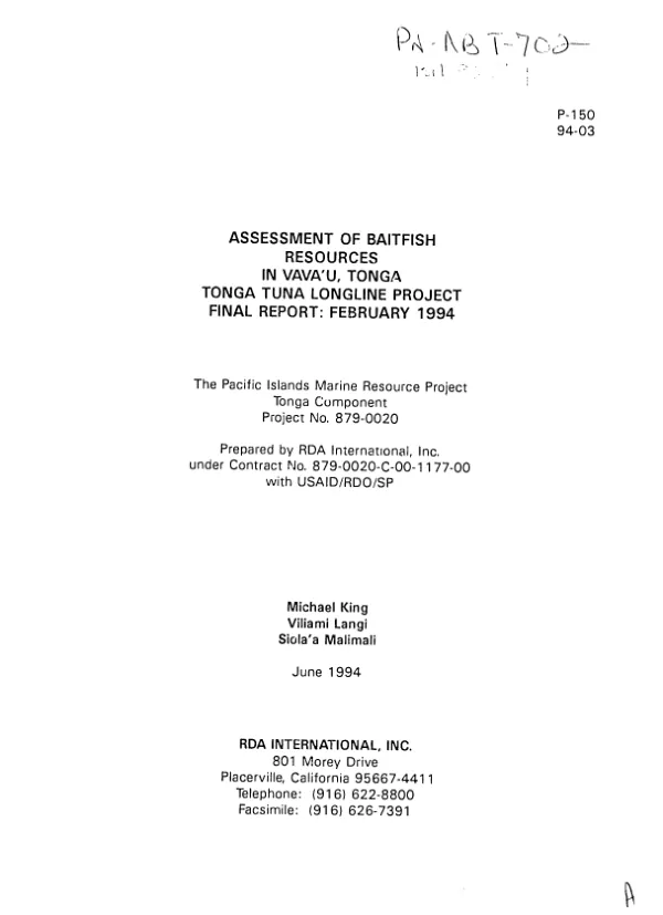 Assessment of baitfish resources in Vava"u, Tonga -- Tonga tuna longline project -- final report : February 1994