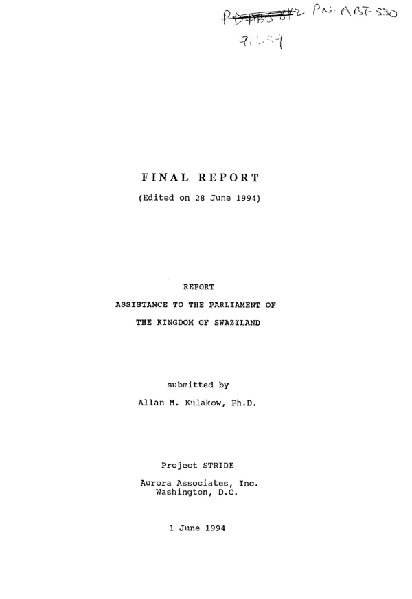 Final report : assistance to the Parliament of the Kingdom of Swaziland