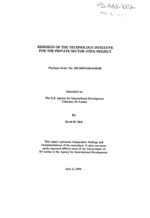 Redesign of the technology initiative for the private sector (TIPS) project