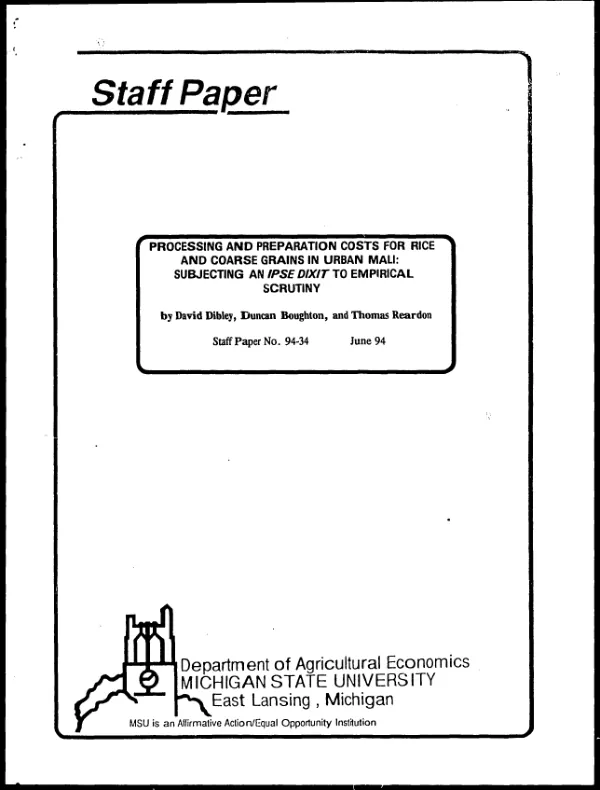 Processing and preparation costs for rice and coarse grains in urban Mali : subjecting an IPSE DIXIT to empirical scrutiny