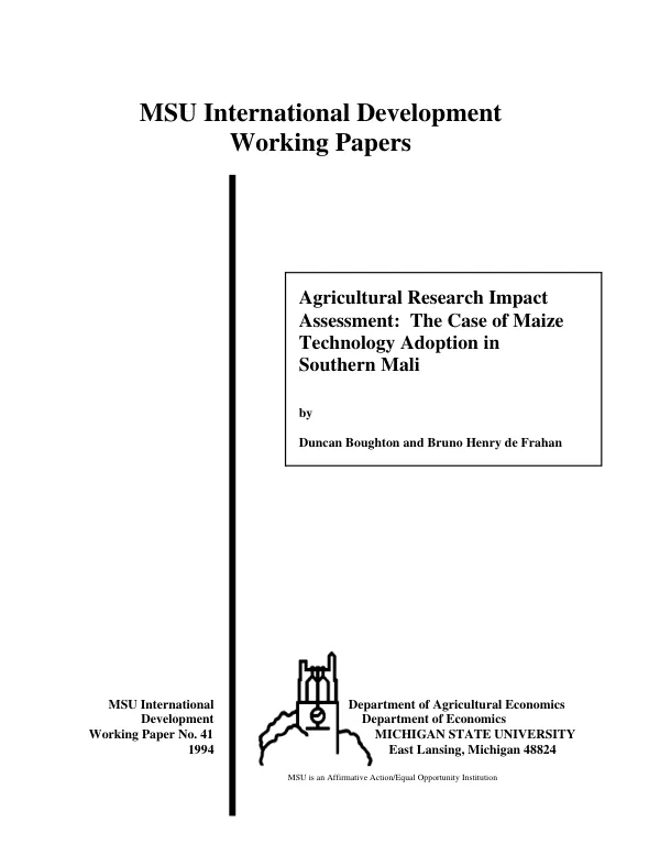 Agricultural research impact assessment : the case of maize technology adoption in Southern Mali