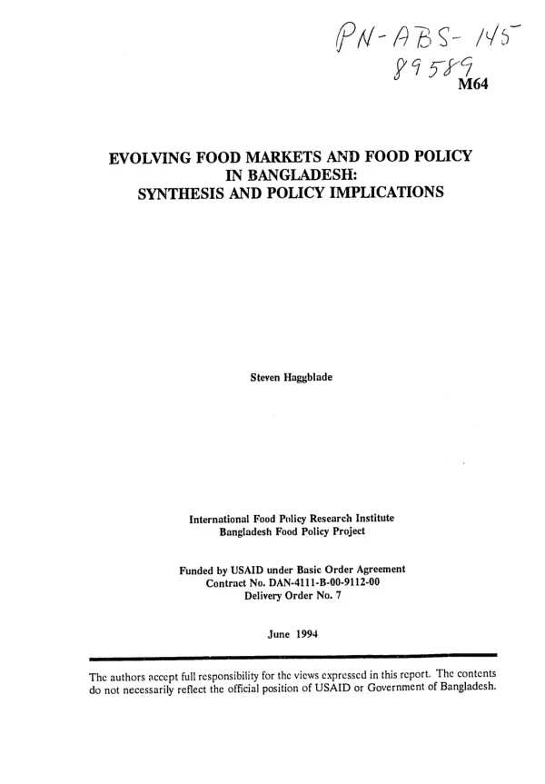 Evolving food markets and food policy in Bangladesh : synthesis and policy implications