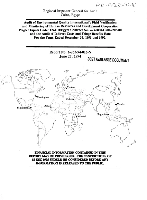 Audit of Environmental Quality International"s field verification and monitoring of human resources and development cooperation project inputs under USAID/Egypt contract no. 263-0000-C-00-2203-00 and the audit of indirect costs and fringe benefits rate for the years ended December 31, 1991 and 1992
