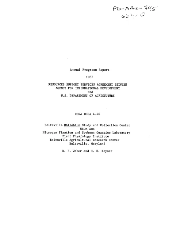 Annual progress report 1982, resources support services agreement between Agency for International Development and US Department of Agriculture[, Beltsville Rhizobium Study and Collection Center USDA ARS]