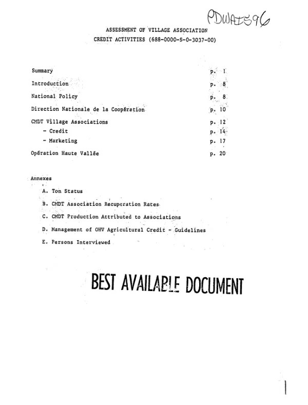 Assessment of village association credit activities (688-0000-S-00-3037-00)