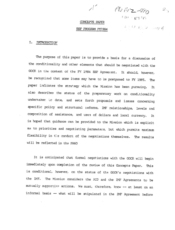 Concepts paper : ESF program, FY 1984