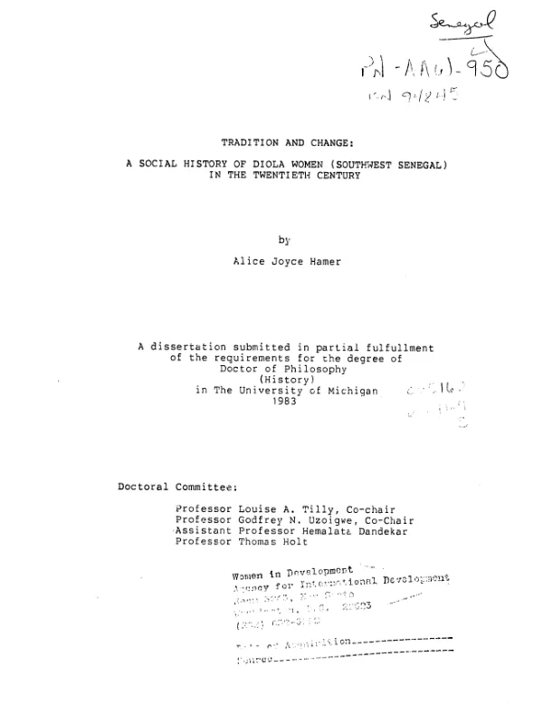 Tradition and change : a social history of Diola women (southwest Senegal) in the twentieth century