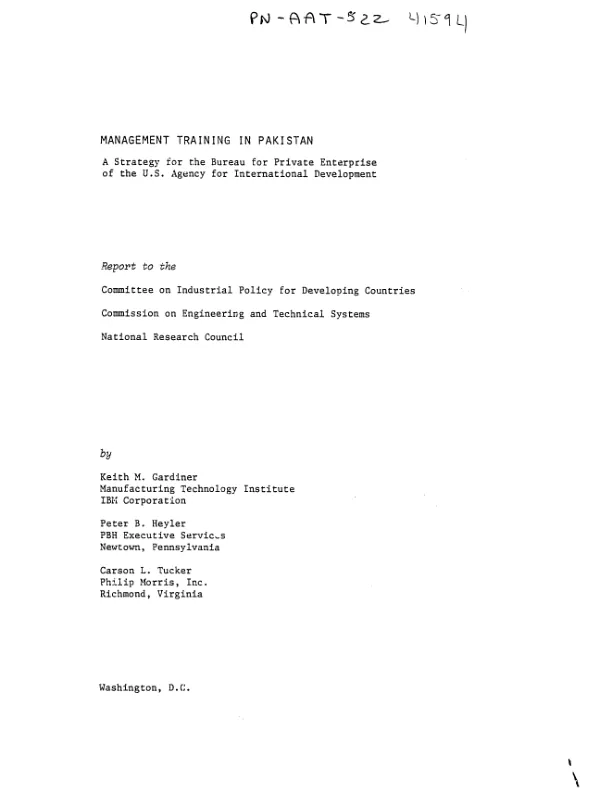 Management training in Pakistan : a strategy for Bureau for Private Enterprise of the US Agency for International Development