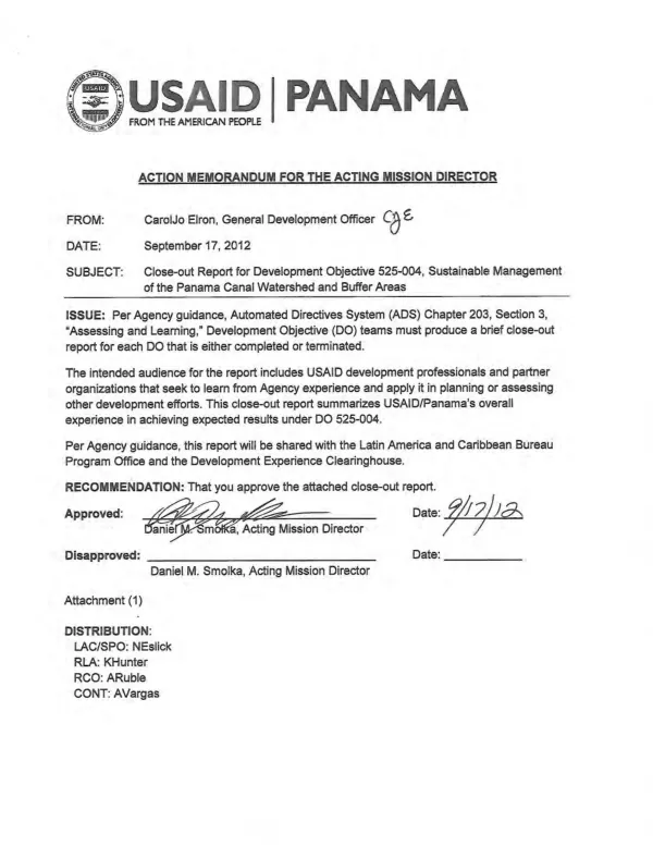 Close-out report for development objective 525-004 : "sustainable management of the Panama Canal watershed and buffer areas"