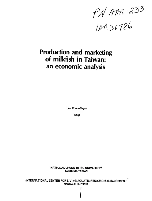 Production and marketing of milkfish in Taiwan : an economic analysis
