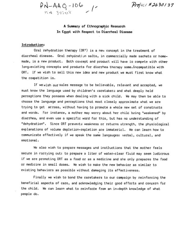 Summary of ethnographic research in Egypt with respect to diarrheal disease
