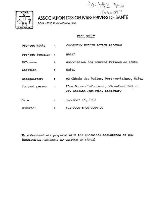 Association des Oeuvres Privees de Sante : proposal for community health action program