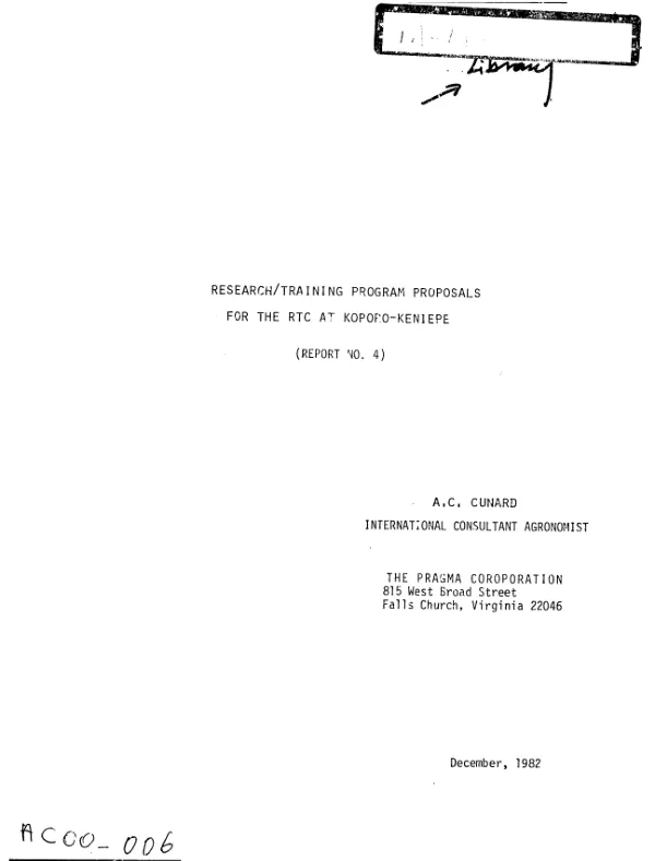 Research/training program proposals for the RTC at Koporo - Keniepe