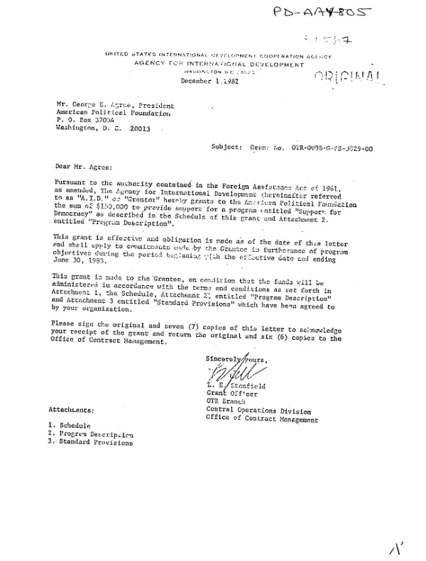 AID grant to American Political Foundation for a program entitled support for democracy