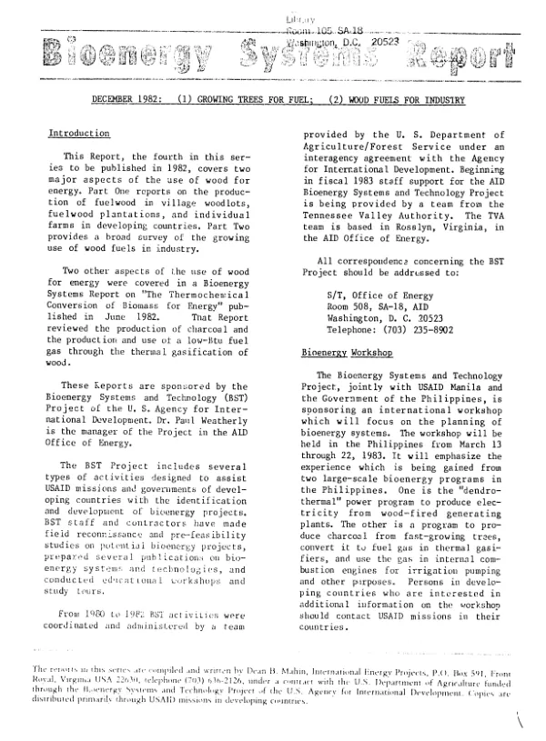December 1982 : growing trees for fuel; wood fuels for industry