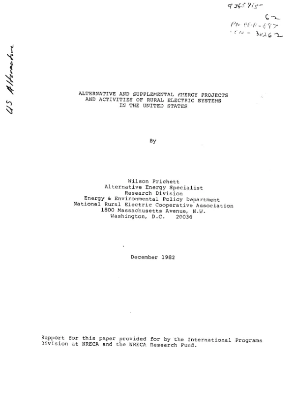 Alternative and supplemental energy projects and activities of rural electric systems in the United States