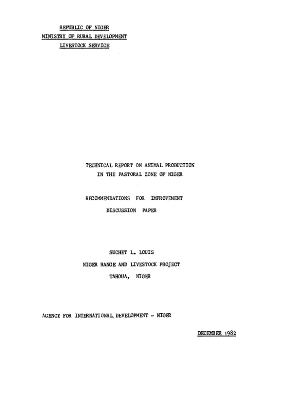 Technical report on animal production in the pastoral zone of Niger : recommendations for improvement; discussion paper