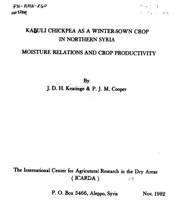 Kabuli chickpea as a winter - sown crop in Northern Syria : moisture relations and crop productivity