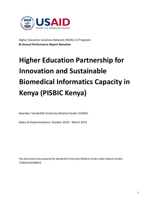 Bi-Annual Performance Report Narrative - Higher Education Partnership for Innovation and Sustainable Biomedical Informatics Capacity in Kenya (PISBIC Kenya)