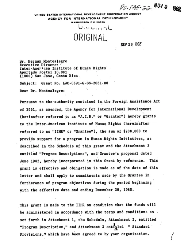 AID grant no. LAC-0591-G-SS-2061-00 to the Inter-American Institute of Human Rights to support a program on human rights in the Americas
