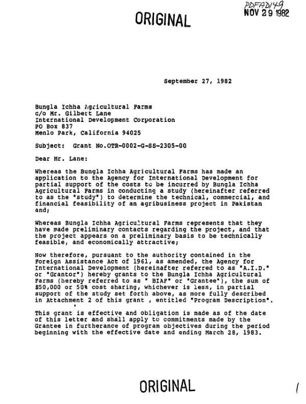 AID grant no. OTR-0002-G-SS-2305-00 to Bungla Ichha Agricultural Farms to conduct a feasibility analysis of a proposed agribusiness project by private sector parties in Pakistan