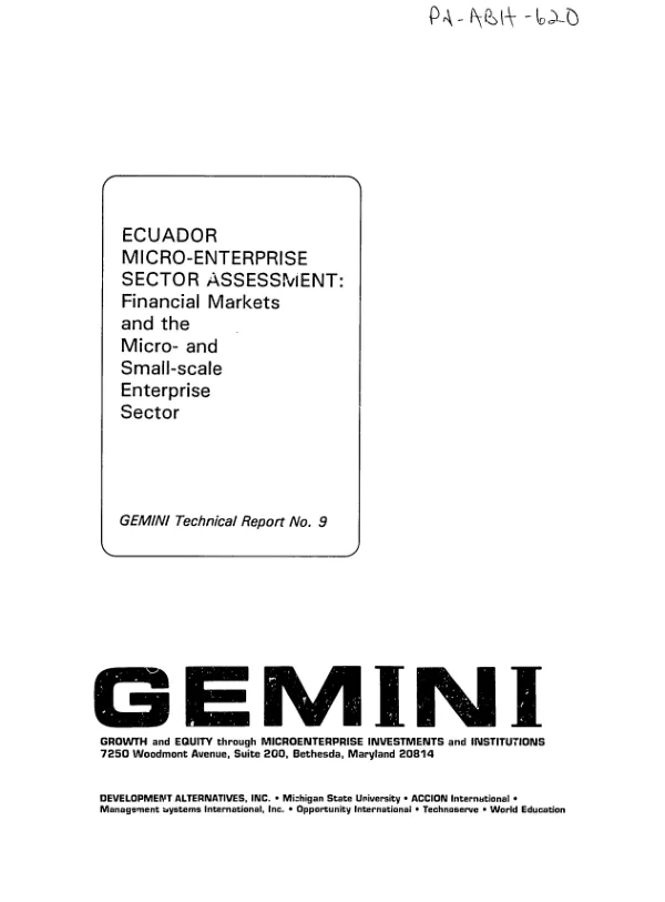 Ecuador micro-enterprise sector assessment : financial markets and the micro- and small-scale enterprise sector