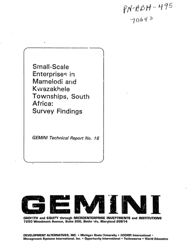 Small-scale enterprises in Mamelodi and Kwazakhele townships, South Africa : survey results