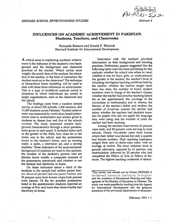 Influences on academic achievement in Pakistan : students, teachers, and classrooms