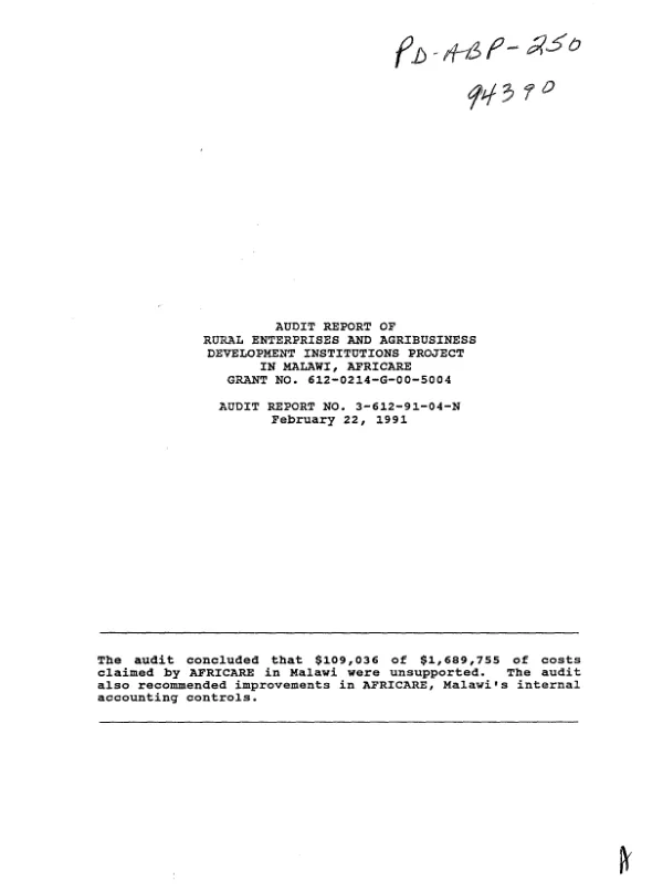 Audit report of rural enterprises and agribusiness development institutions project in Malawi : AFRICARE grant no. 612-0214-G-00-5004