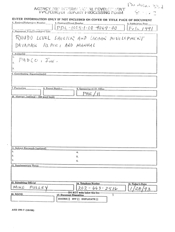 RHUDO level shelter and urban development database report and manual