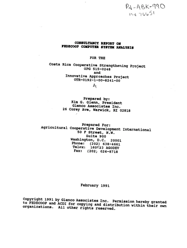 Consultancy report on FEDECOOP computer system analysis for the Costa Rica cooperative strengthening project, OPG 515-0248 and innovative approaches project, OTR-0192-1-00-8241-00