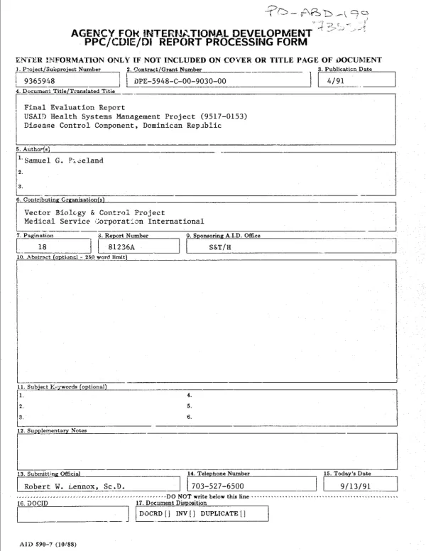 Final evaluation report : USAID health systems management project (9517-0153 [i.e. 517-0153]) -- disease control component, Dominican Republic