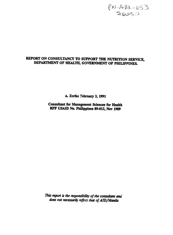 Report on consultancy to support the Nutrition Service, Department of Health, Government of Philippines