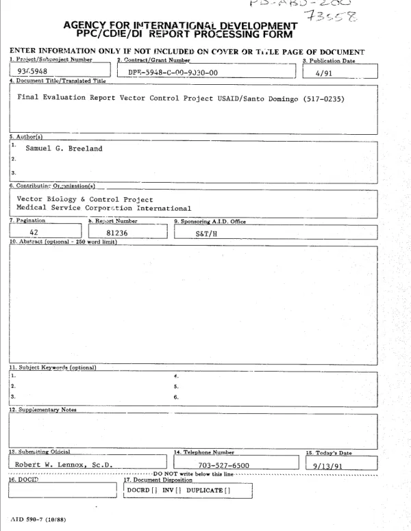 Final evaluation report : vector control project, USAID/Santo Domingo (517-0235)