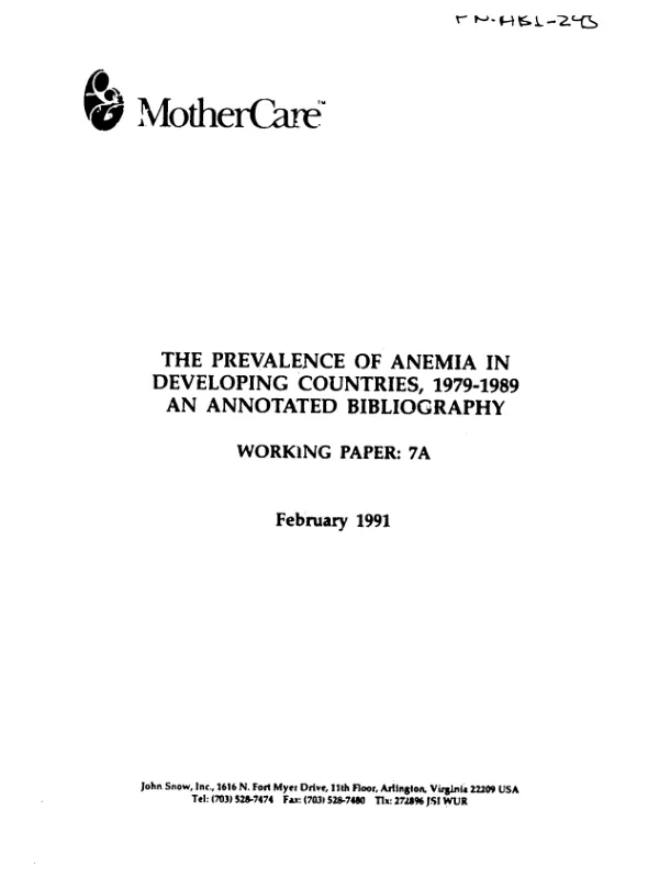 Prevalence of anemia in developing countries, 1979-1989 : an annotated bibliography