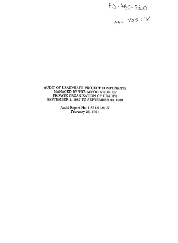 Audit of USAID/Haiti project components managed by the Association of Private Organization of Health, September 1, 1987 to September 30, 1989
