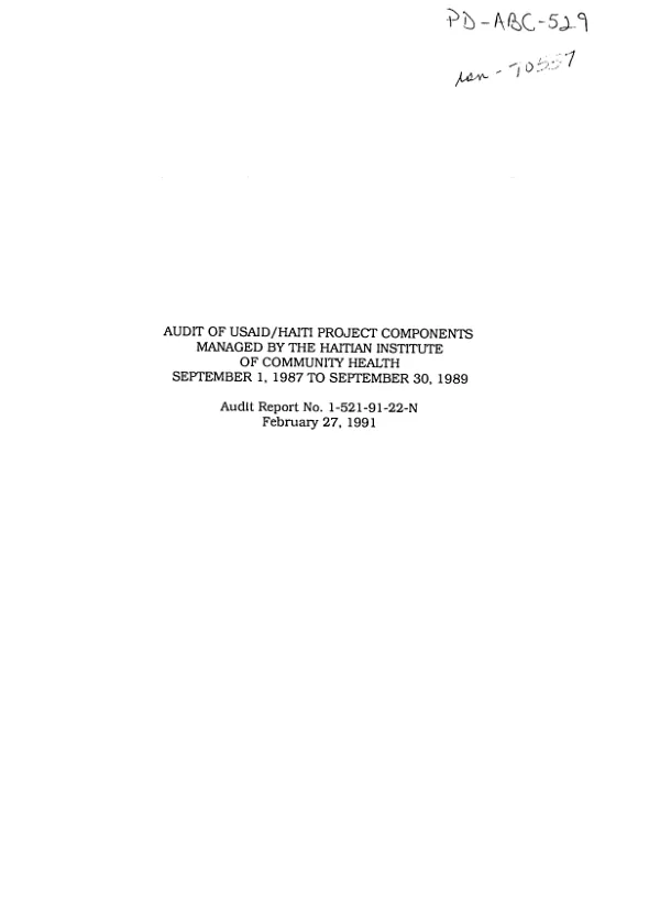 Audit of USAID/Haiti project components managed by the Haitian Institute of Community Health, September 1, 1987 to September 30, 1989