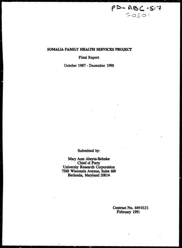 Somalia family health services project : final report -- October 1987-December 1990