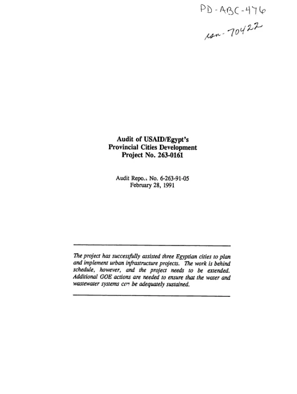 Audit of USAID/Egypt"s provincial cities development project no. 263-0161